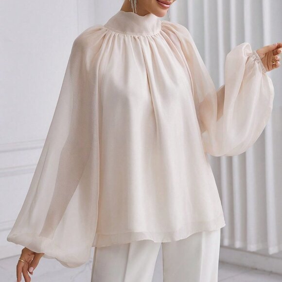 Apricot Casual Women's Solid Color Stand Collar Lantern Sleeve Shirt - Picture 2 of 5